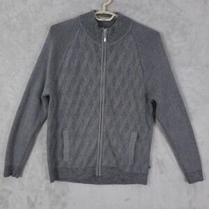 Tommy Bahama Sweater Mens XL Gray Full Zip Cotton Mock Neck Cable Knit Raglan